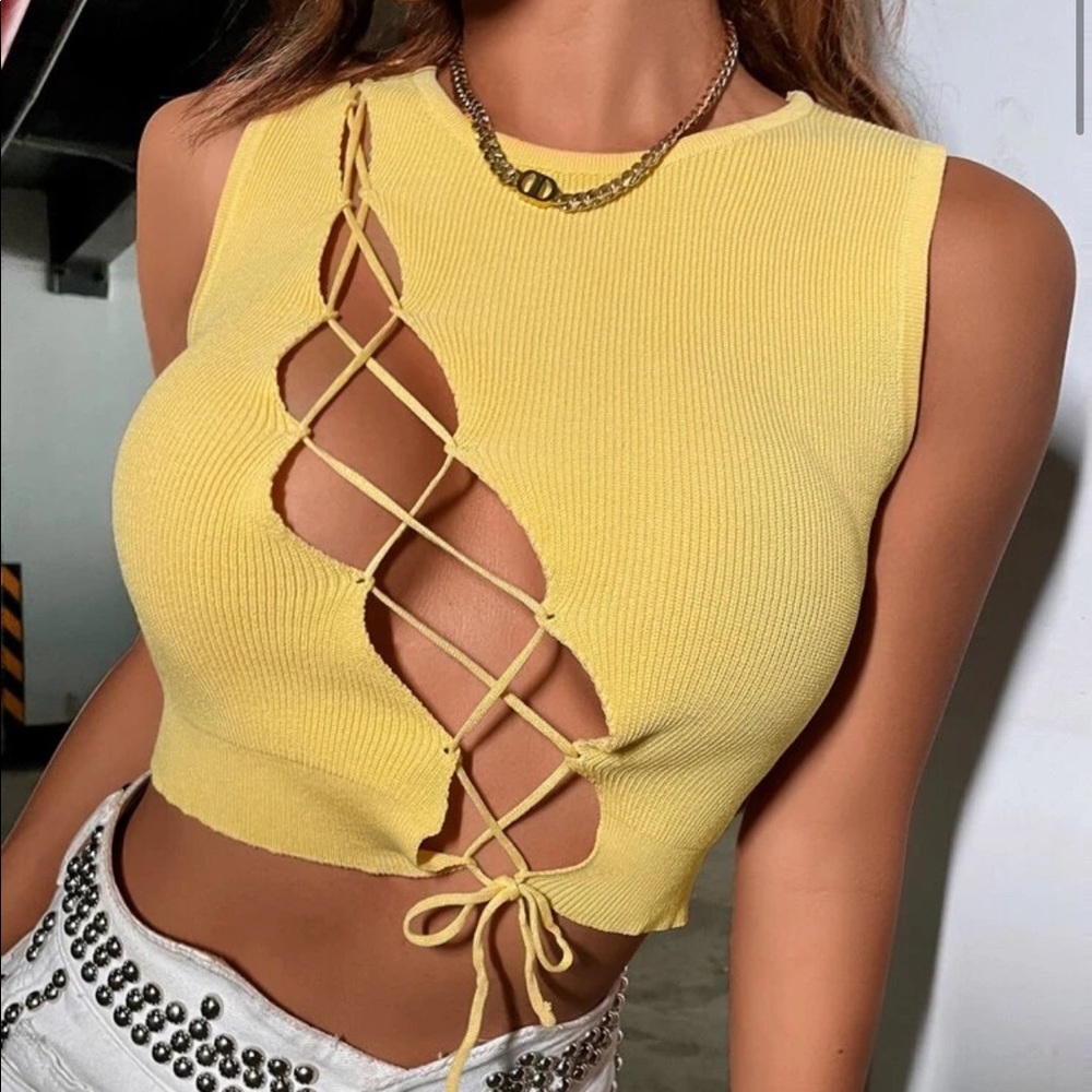 Yellow lace up knit crop top